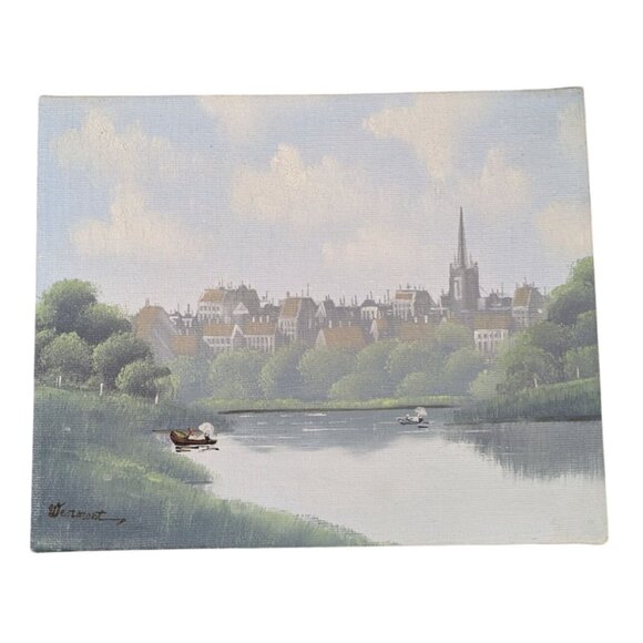 Signed Acrylic Canvas Painting of River Scene with Town & Ladies in Boats Unfram - Picture 1 of 11